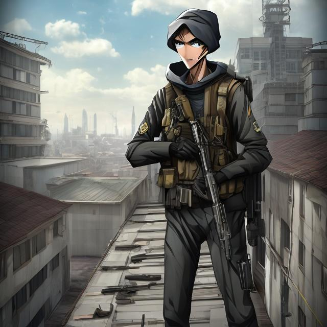 Prompt: a tall skinny man on top of a roof of a building in military gear with a sniper rifle with the rank of recon with messy and thick hair(anime)