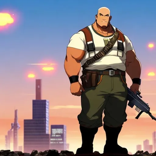 Prompt: large guy, tall, wearing a vest and has a red team shirt underneath, he's bald but you can see a bit of his shaved beard, he has bullets on his waist, he is carrying a machine gun, anime, battlefield in the background.