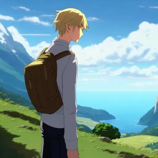 Prompt: fairly tall guy, has blond hair, army clothes, blue eyes, misty sea in the background, looking our way, anime, poitraite 

