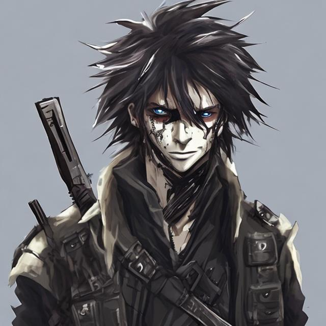 Prompt: a mysterious man with an eyepatch has a cloak and body armor with special clothing has very messy hair 
 who has a gun and looks like he came out of a war(anime)