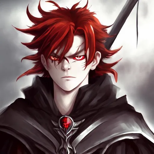 Prompt: young man with red eyes, red hair, has demon claws, serious and sacastic face, nice hair, has a cloak and weapons,anime