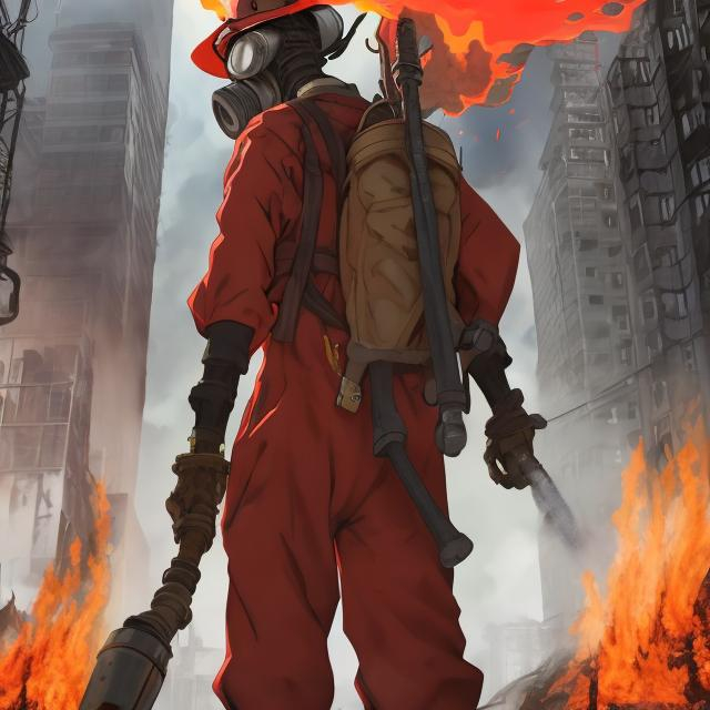 Prompt: tall man, gas mask, red fire suit, has a fire axe on his back, holding a flamethrower, burning buildings in the background, anime
