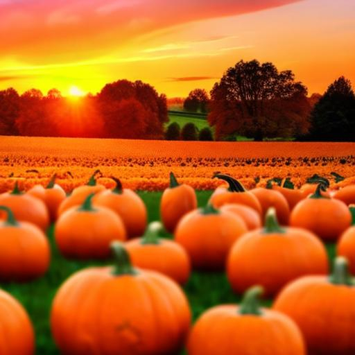 Prompt: large field, pumpkins, leaves falling, sunsetting, farmer in the field, anime.