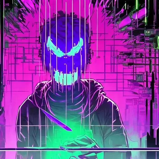 Prompt: glitchtrap but human has a sharp knife,eyes are glitched and glowing purple,has a smirk on his face,and has a human body