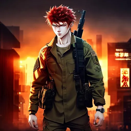 Prompt: messy red haired guy, wearing army clothes,  stern look, cherry red irises, healthy, fit, carrying gun, anime 2k.