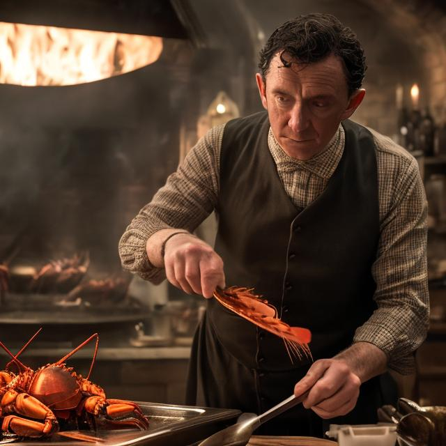 Prompt: RAW image of alfrid pennyworth preparing a lobster thermodore for bruce wayne 