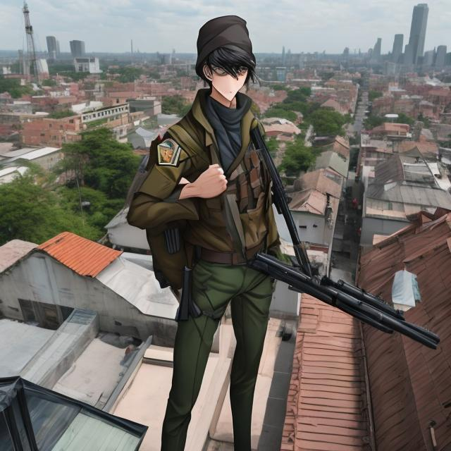 Prompt: a tall skinny man on top of a roof of a building in military gear with a sniper rifle with the rank of recon with messy and thick hair(anime)