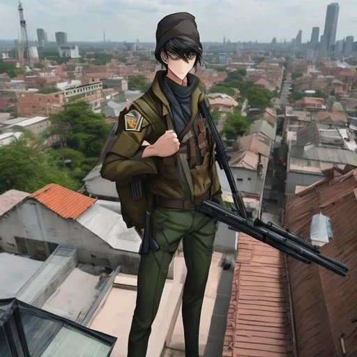 Prompt: a tall skinny man on top of a roof of a building in military gear with a sniper rifle with the rank of recon with messy and thick hair(anime)