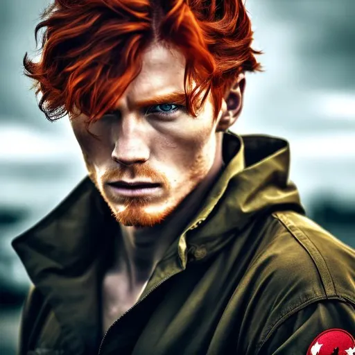 Prompt: messy red haired guy, wearing army clothes,  stern look, cherry red irises, healthy, fit, carrying gun, anime 4k.