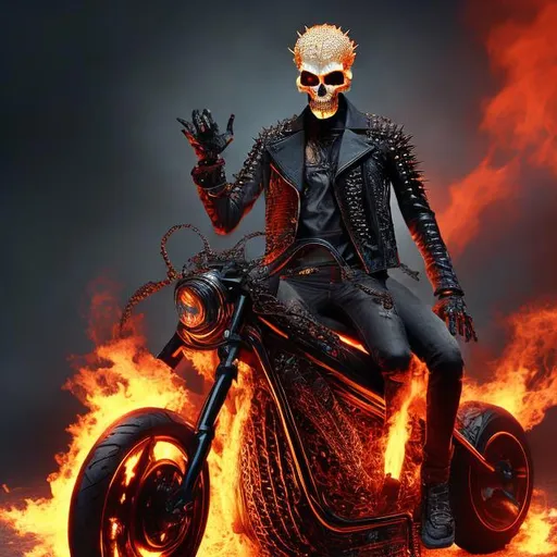 Prompt: humaniod figure,flames surronding skull, black and spiked jacket, holding chain, motercycle behind him,nicknamed the ghost rider, hyper realistic (anime)
