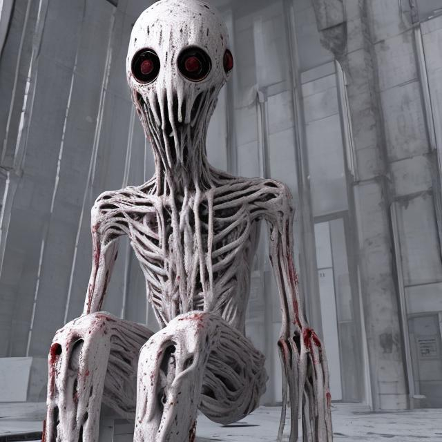 Prompt: scp 96,white monsterous skinny figure, sitting on a in a high security room, blood drenched hands,covering face