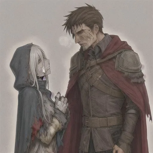 Prompt: a man with a cloak and tattered clothing from a war is injured but stops cold when he see a very beutiful woman