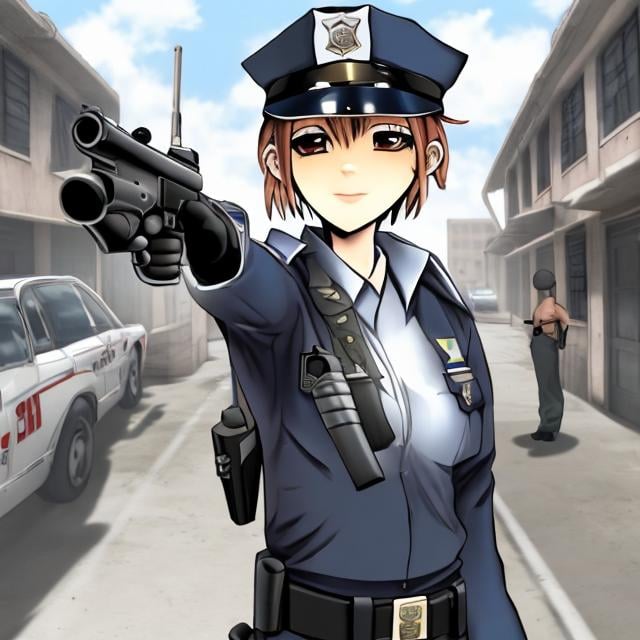 Prompt: (anime) skinny police officer in a gunfight requesting backup