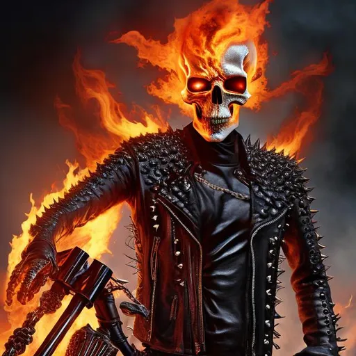 Prompt: humaniod figure,flames surronding skull, black and spiked jacket, holding chain, motercycle behind him,nicknamed the ghost rider, hyper realistic