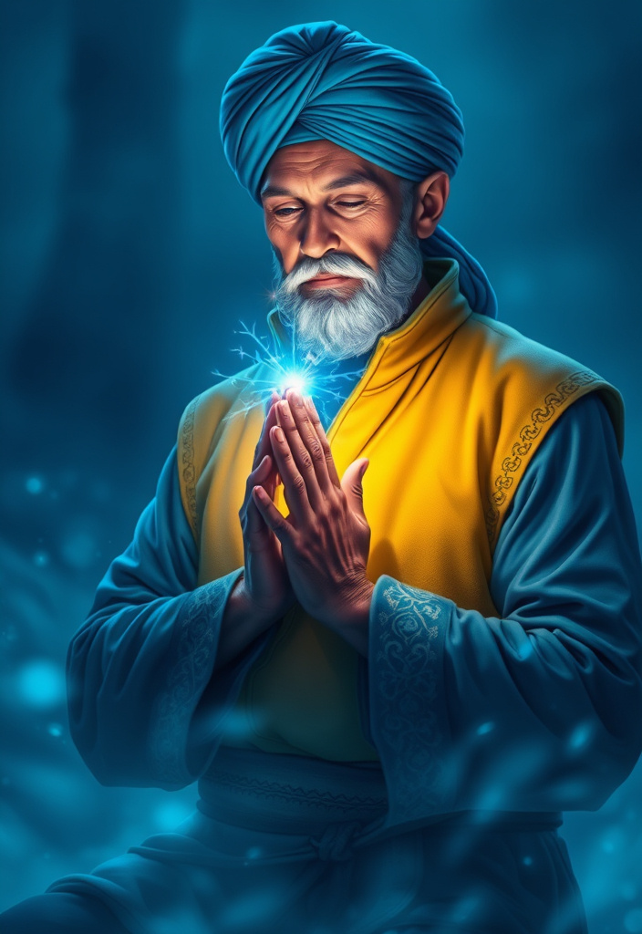 Prompt: (mage praying), middle-aged, (glowing blue frost aura), yellow vest, blue sleeves, blue turban, calm and peaceful blue atmosphere, digital art, ethereal lighting, high detail, enchanting, mystical setting, warm color tones blending with cool, (4K), serene expressions, intricate patterns on clothing.