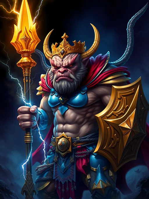 Prompt: (illustration), monster evil warrior, (oversized head), golden tiara, brownish skin, blue steel cuirass, muscular abs and biceps, red cape, holding golden shield in one hand and lightning magic glowing spear in another hand, (enlightened environment), dynamic pose, vibrant colors, ultra-detailed, dark and powerful atmosphere, fantastical elements, enchanting lighting, digital art masterpiece.