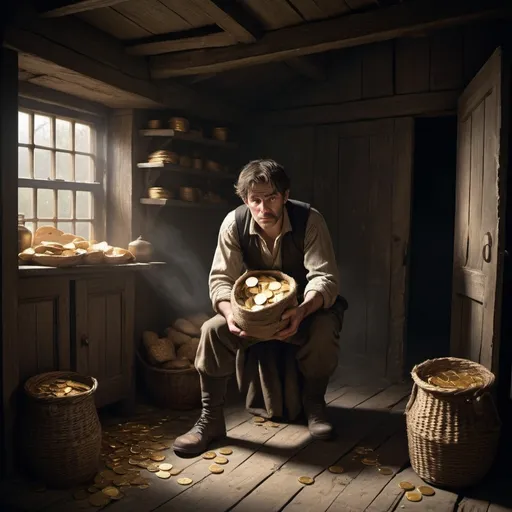 Prompt: In a dimly lit, abandoned cottage, a rustic wooden table stands at the center, with a torn loaf of bread resting on it. The room is sparsely furnished, with cobwebs in the corners and a cold, worn-out fireplace. Ben, with a look of trepidation and greed in his eyes, clutches a bulging bag of gold coins tightly in one hand. The other hand is raised, holding a heavy object, mid-swing, as he prepares to strike. Just outside the door, Jack's shadowy figure is visible, approaching with a sack of food slung over his shoulder, unaware of the impending danger. The air is thick with tension, and the contrast between the old cottage and the shiny gold coins emphasizes the overwhelming temptation of wealth.
