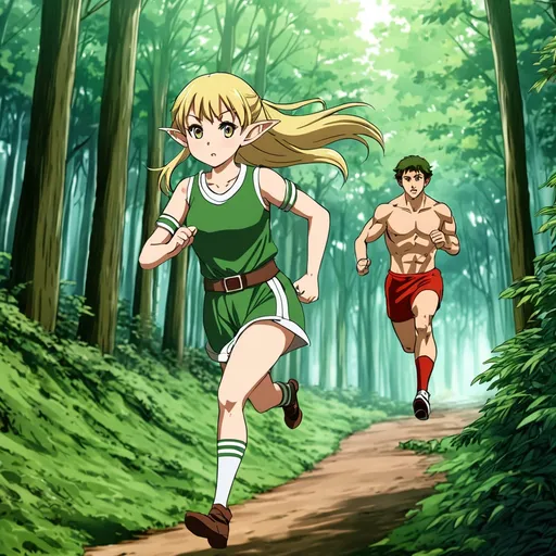 Prompt:  Anime girl elf running out of the forest with a sports figure