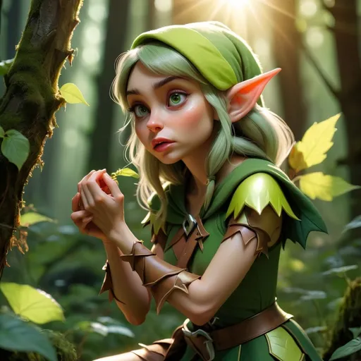 Prompt: Elf ranger in a mystical forest around sunlight The girl puts on clothes and kisses the goblin.