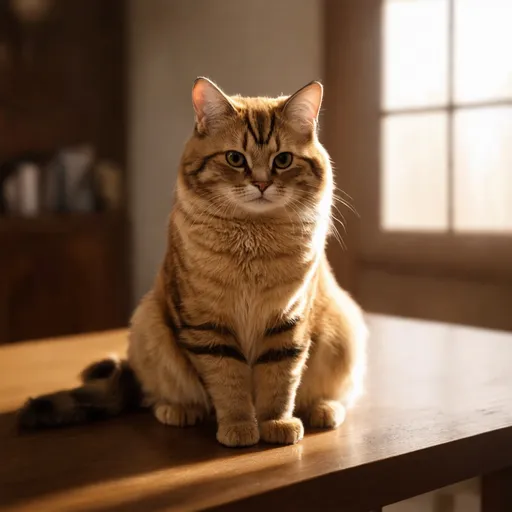 Prompt: A cat is sitting on the table, (photorealistic), warm lighting, soft shadows, high contrast, cozy atmosphere, meticulously detailed fur, wooden table with intricate grain, rustic furniture in the background, gently lit room with a sunlight filtering through a window, calm and serene mood, 4K detail, ultra-detailed, high dynamic range, natural color tones, sharp focus, award-winning quality, plenty of negative space