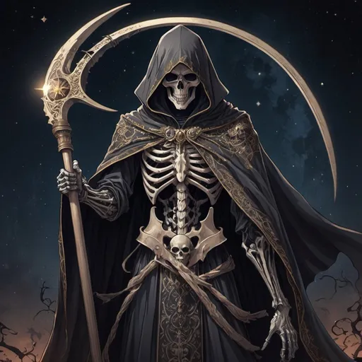 Prompt: Tarot card Anime illustration, a reaper wizard, he holds a big scythe, 
on his body there is a black star of five
tips, detailed ornate fabric cape covering the entire body, dramatic night lighting