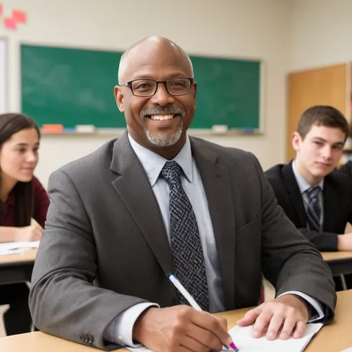 Prompt: A photorealistic image Kevin Jones, Ed.D., Division of Business, Professor of Management in a classroom setting at Indiana University Purdue University Columbus a 60 year old light skinned bald black man with a friendly smile and glasses with a only a mustache and no beard is standing at the front of the classroom, facing the students. He is dressed professionally in a suit and tie. The professor is using a whiteboard marker to write on a whiteboard behind him. The whiteboard displays a partially completed diagram or equation, relevant to the subject being taught (e.g., biology, chemistry, mathematics). The classroom is bright and well-lit, with large windows on one wall. Emphasize natural light coming through the windows. Rows of student desks face the front of the classroom. Some students are sitting at the desks, taking notes or looking attentively at the professor. The students represent a diverse range of ethnicities and ages. Capture a sense of engagement in their expressions. Overall, the image should capture the atmosphere of a lively and engaging college classroom





