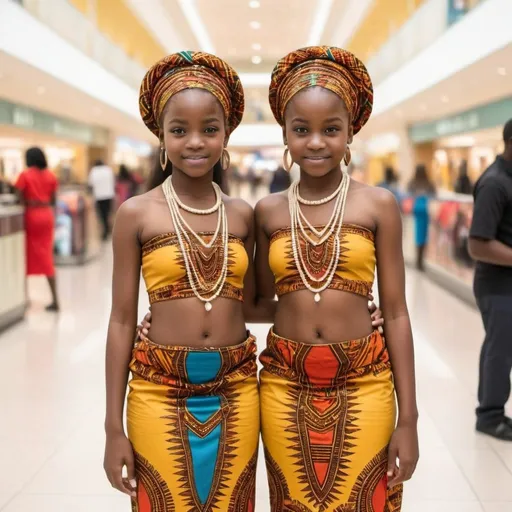 Prompt: Twin girles wearing  beautiful africian attire  braded hair  standing in the mall for prcture day.  complete dress atire