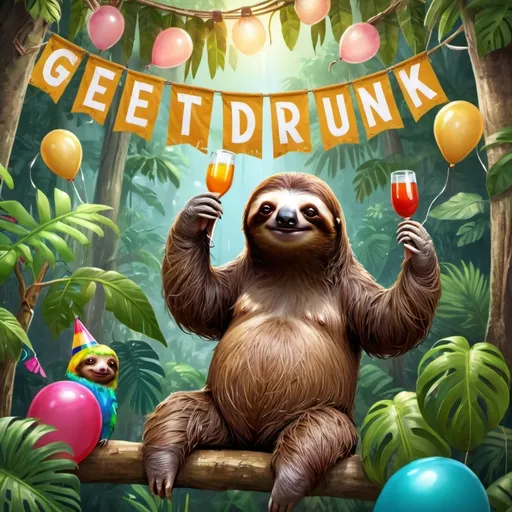 Prompt: A banner reads "GET DRUNK", (sloths) wearing various clothing, festive atmosphere, vibrant colors, playful and humorous, lively party setting, string lights and balloons, jungle background, hyper-detailed, ultra-realistic, photorealistic, 4K, award-winning photo, joyful expressions, jungle plants and trees, tropical vibes, bright lighting, dynamic composition, high resolution, high quality image.