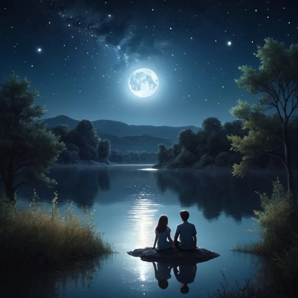 Prompt: romantic starry late night sky scene, moon, spirit, lake, bushes, boy sitting with girl, realistic photo