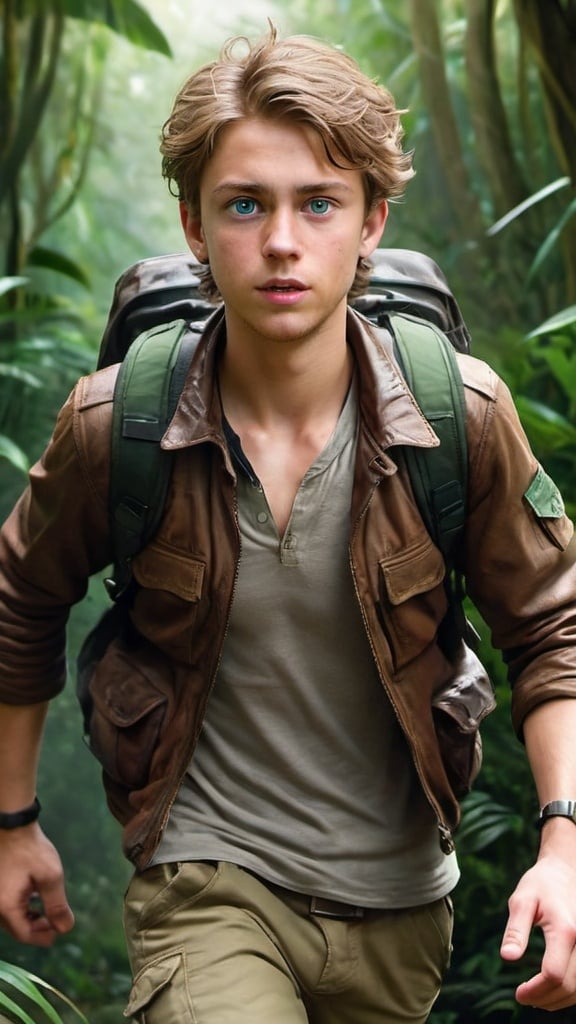 Prompt: Create an image of Max Ryder, a young, adventurous journalist, sprinting through a dense jungle. He has short, tousled brown hair, bright green eyes, and is dressed in a practical outfit including a leather jacket, cargo pants, and sturdy boots. Max is carrying a backpack and holds a medallion in his hand, his expression determined and focused.