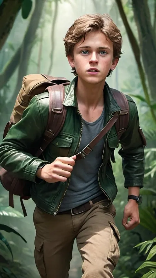 Prompt: Create an image of Max Ryder, a young, adventurous journalist, sprinting through a dense jungle. He has short, tousled brown hair, bright green eyes, and is dressed in a practical outfit including a leather jacket, cargo pants, and sturdy boots. Max is carrying a backpack and holds a medallion in his hand, his expression determined and focused.