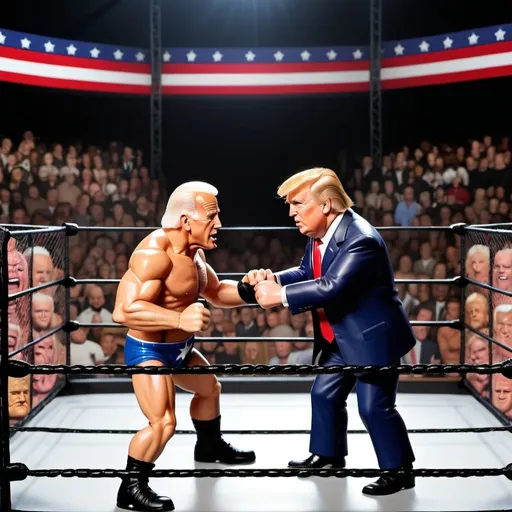 Prompt: celebrity deathmatch arena with joe biden and trump wrestling in cage