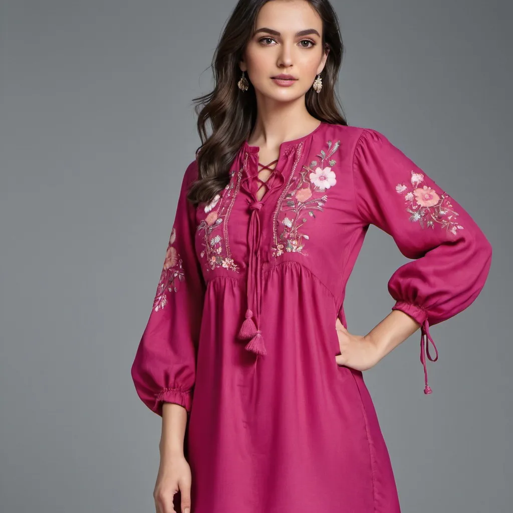 Prompt: Fuchsia color tunic with floral embroidery in the bodice part  balloon sleeves with tie-up detail, having side gathers look ,detailed fabric texture, high quality, realistic, pastel colors, soft lighting, detailed floral embroidery, elegant design, flowy fabric, professional illustration, sophisticated, highres, embroidered details, balloon sleeves, tie-up sleeves, 