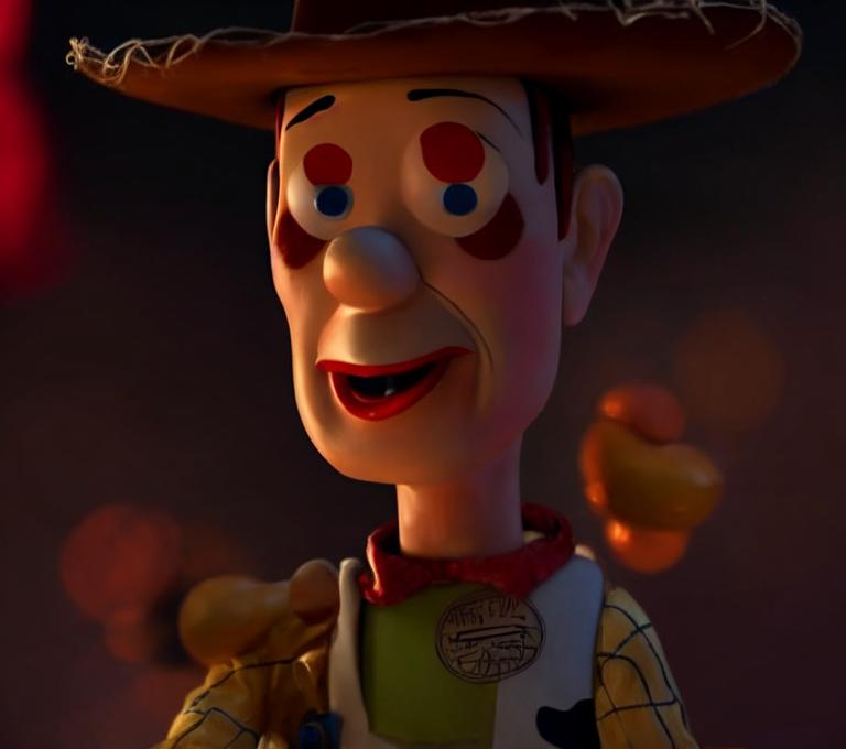 Prompt: woody from toy story, as a horror clown, painting