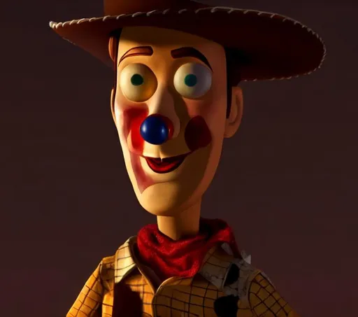 Prompt: woody from toy story, as a horror clown, painting
