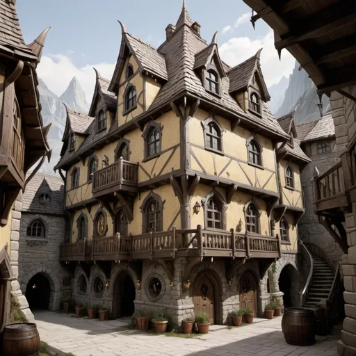 Prompt: A Dungeons & Dragons fantasy hotel in a rough district that's been repurposed for town guard usage.