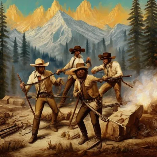 Prompt: Lana del rey , miners fighting with guns, 1850, Gold Rush, California, art by bob ross
