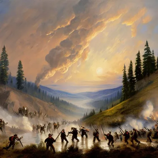 Prompt:  Taylor swift, miners fighting with guns, 1850, Gold Rush, California, art by bob ross
