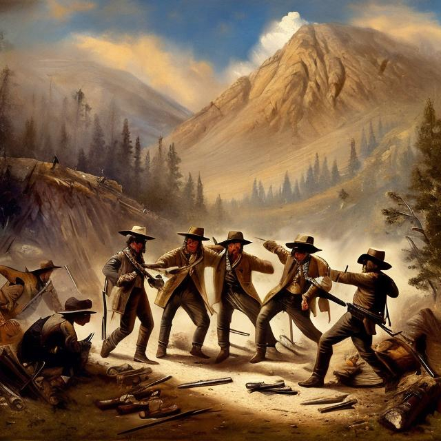 Prompt: usher , miners fighting with guns, 1850, Gold Rush, California, art by bob ross
