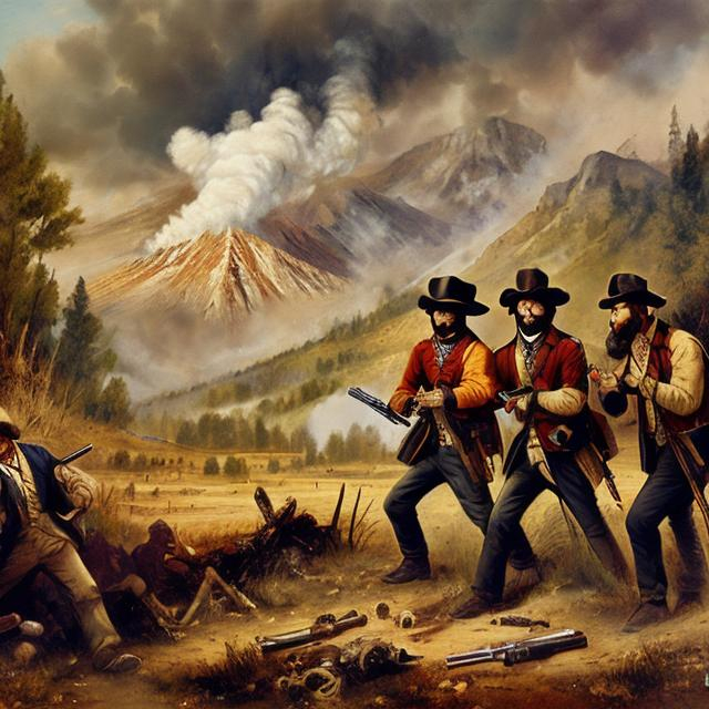 Prompt: usher , miners fighting with guns, 1850, Gold Rush, California, art by bob ross
