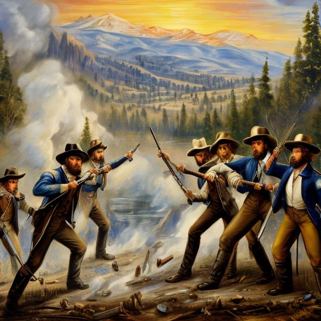 Prompt:  Taylor swift, miners fighting with guns, 1850, Gold Rush, California, art by bob ross
