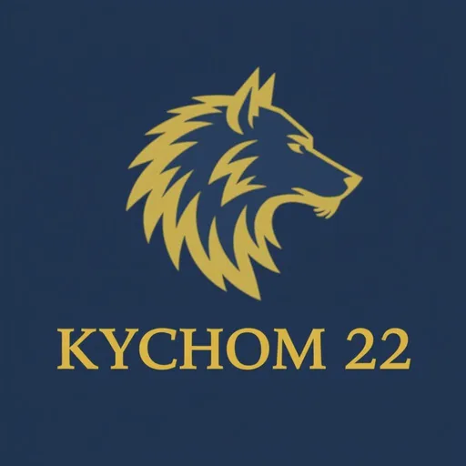 Prompt:  a dark blue background. In the center of the upper half, depict a stylized, golden profile of a wolf's head facing right. The wolf should have sharp features, pointed ears, and visible fur details in gold. Below the wolf's head, in a bold, golden sans-serif font, display the text 'KYCHOM 22', centered horizontally.