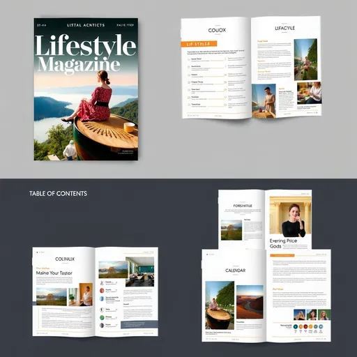 Prompt: "Design a 10-page lifestyle magazine with a stylish, modern theme. Include:

1. Cover: bold title, tagline, date, and a high-quality image.
2. Table of Contents: clean layout, articles with page numbers, and small thumbnails.
3-4. Feature Article: 2-page spread with a key lifestyle topic, bold visuals, pull quotes, and subheadings.
5-7. Short Articles: 3 one-page layouts on topics like wellness, fashion, or travel with relevant images.
3. Opinion Piece: engaging content with a strong perspective and a call to action.
4. Event Calendar: list lifestyle events with icons or visuals.
5. Last Page: closing remarks, contact details, and a polished design."



