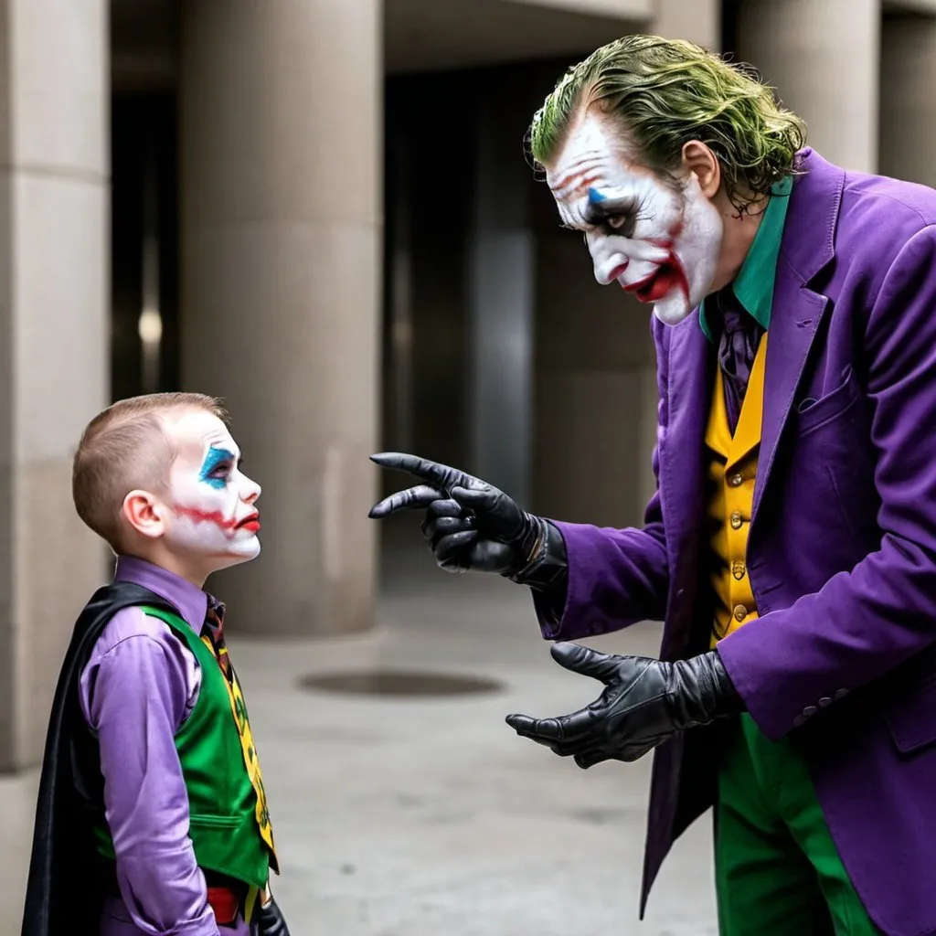 Prompt: Joker talking with batmans kid