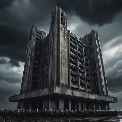 Prompt: Massive gothic army in brutalist architecture, stormy skies, realistic, detailed, expansive, dictatorial leader, dark tones, intimidating atmosphere, highres, detailed, gothic, stormy, brutalist architecture, massive army, commanding presence, realistic, intense, menacing