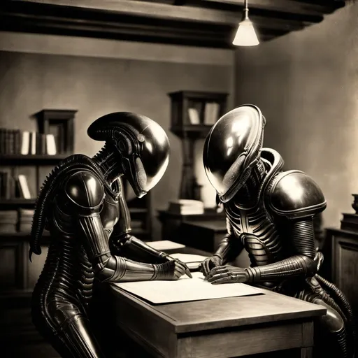 Prompt: 19th century antique photo of xenomorph examination, realistic detailed faces, grainy texture, government research, detailed eyes, vintage, aged paper, scientific examination, high quality, realistic, vintage, grainy texture, antique, detailed faces, historic, xenomorph, scientific research, atmospheric lighting
