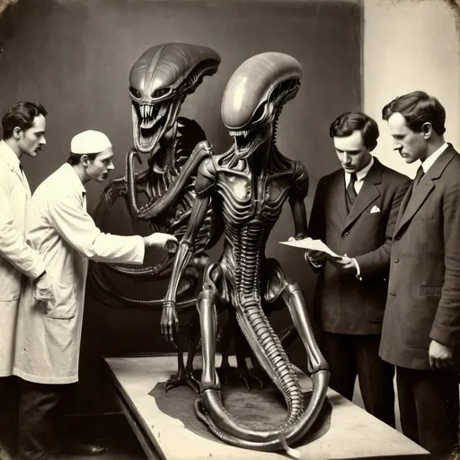 Prompt:  19th century photo of a xenomorph being examined by scientists, detailed, realistic faces, grainy, antique photo, government research