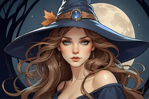 Prompt: Mucha-style witch light brown hair, dark blue-grey eyes and warlock