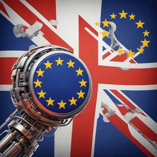 Prompt: Illustration of contrasting European and British Approaches to AI Regulation, modern digital artwork, detailed depictions of European and British symbols, high resolution, professional, contrasting styles, vibrant colors, futuristic elements, European flag, British flag, intricate details, symbolic imagery, contemporary art, dynamic composition, digital medium, detailed illustrations, contrasting styles, modern approach, symbolic representation