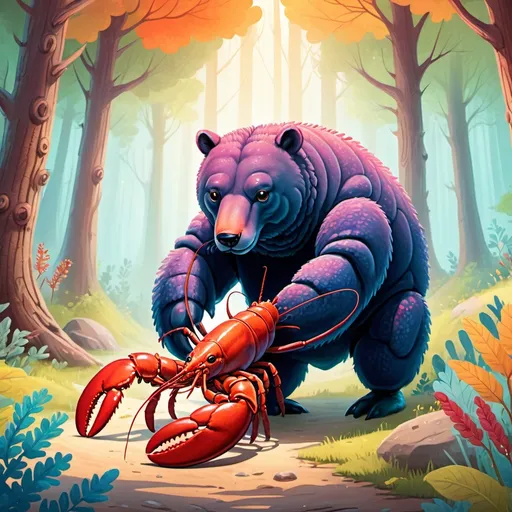 Prompt: (lobster and bear), (whimsical) animal pairing, vibrant colors, playful interaction, cozy forest setting, textured details, dynamic perspective, soft daylight filtering through trees, charming atmosphere, cartoonish style, high detail, 4K resolution, lighthearted concept, fantasy elements.